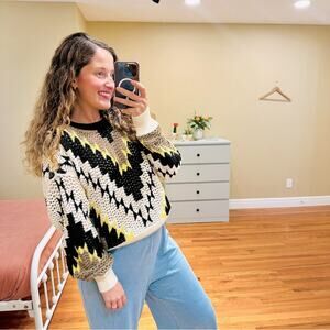 NWT Maria Cher Brown Black Chevron Pima Cotton Sweater Medium